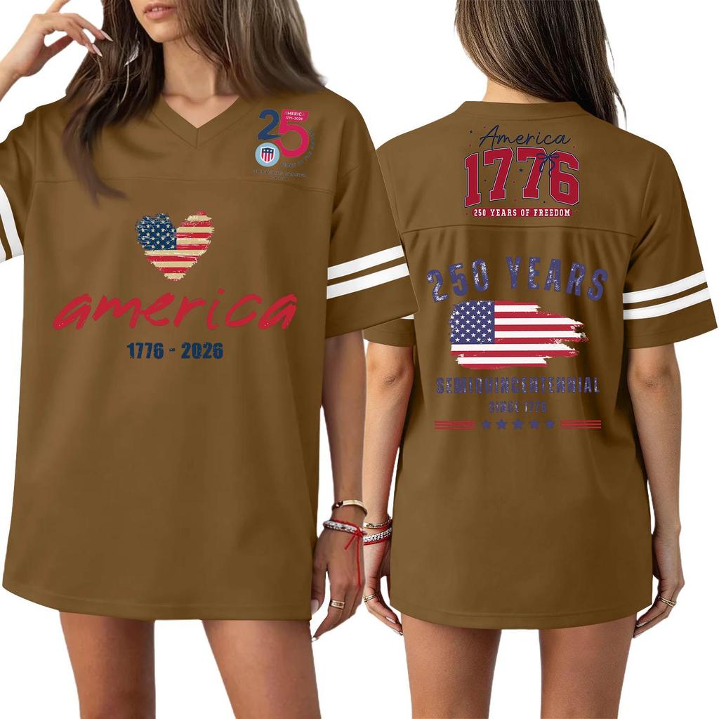 Damska Codzienna Modna Koszulka Sportowa z Dekoltem V z Nadrukiem na Dzień Niepodległości Krótkim Rękawem Top