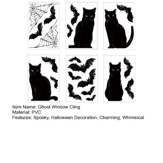 6 ks Halloweenské velké samolepky na okno s duchem Strašidelní duchové Netopýři Černá kočka Dýně Samolepky Odnímatelné Statické samolepky pro skleněnou okenní nástěnnou dekoraci