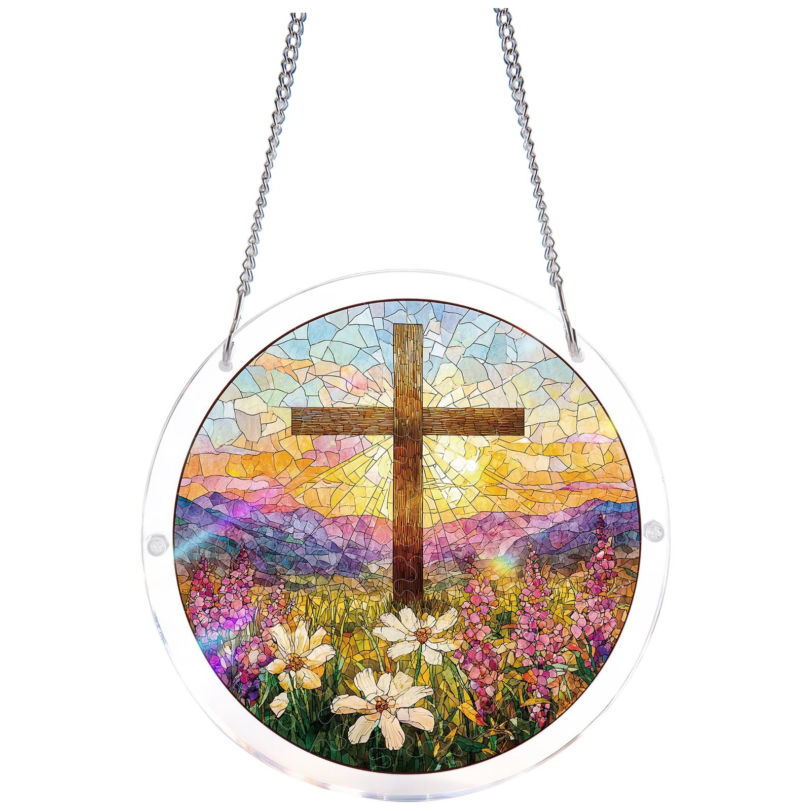 

Round Hanging Glass Panel with Cross and Floral Mosaic Design for Home Window or Wall Decoration with Chain Included One Size чёрный