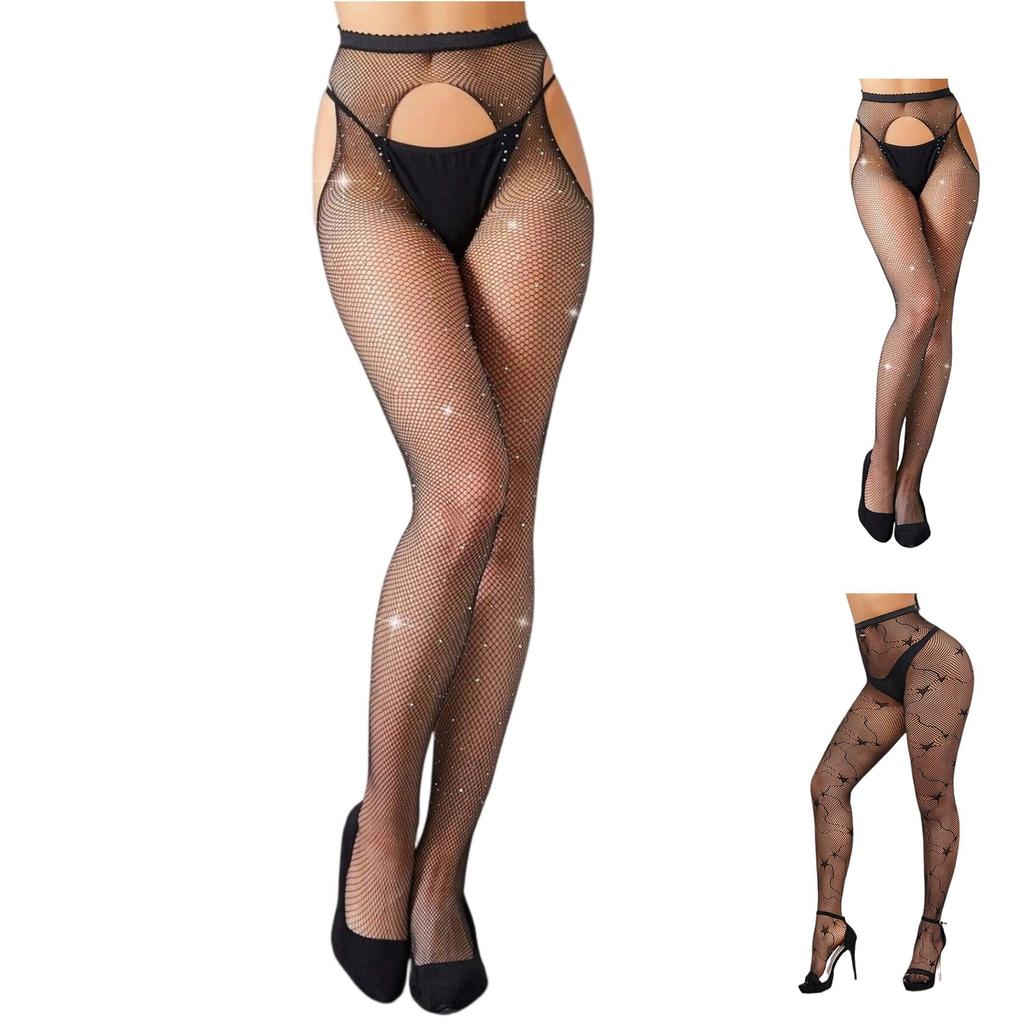 Women's Open Crotch Pantyhose With Diamond Fishnet Net Stockings Women's Sexy Tight Hollow Pantyhose With Hot Diamonds