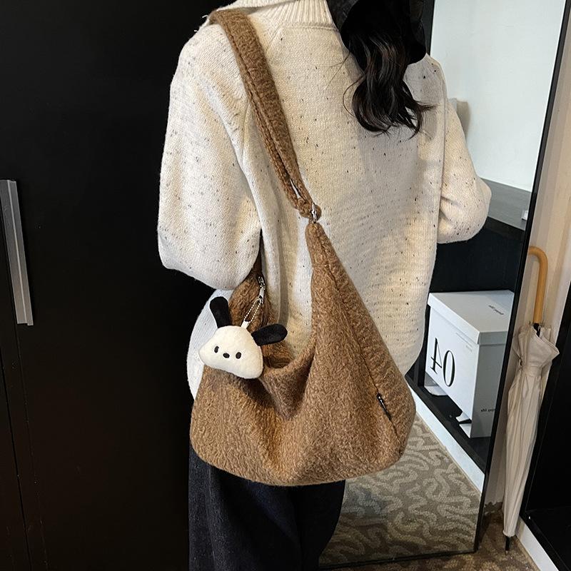 Korean version ins Lazy Wind Tote Bag Women's 2025 New Fashion Woolen Large Capacity Commuter Shoulder Bag Shopping Bag