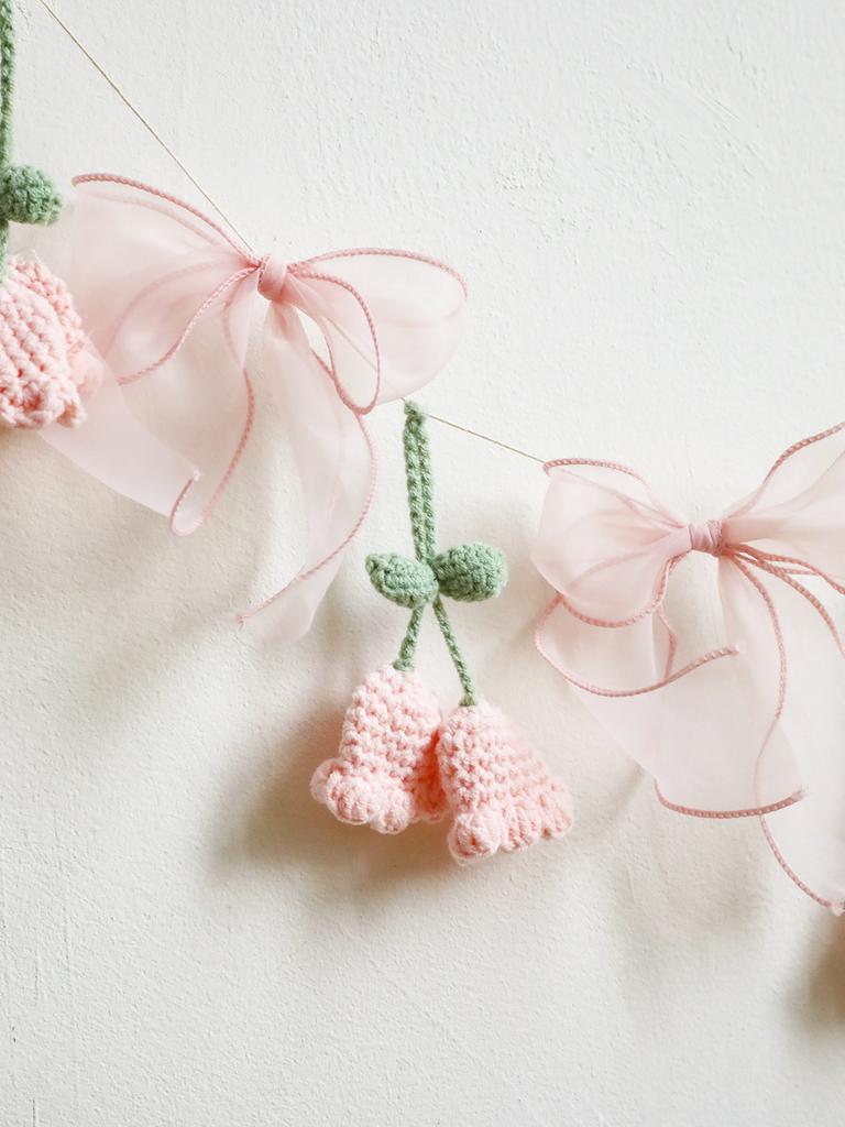 Handmade Crochet Flower Garland, Pink Floral Banner with Bows, Baby Shower, Wedding, Nursery, Party, Boho Wall Decoration Gifts
