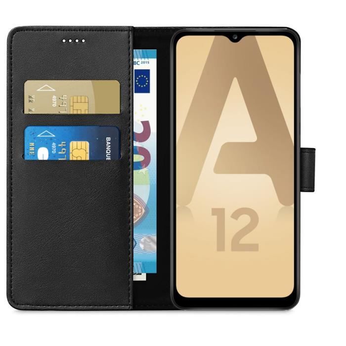 Wallet Case - Phonillico® - Samsung A12 - Black - Leather Effect - Stand Function