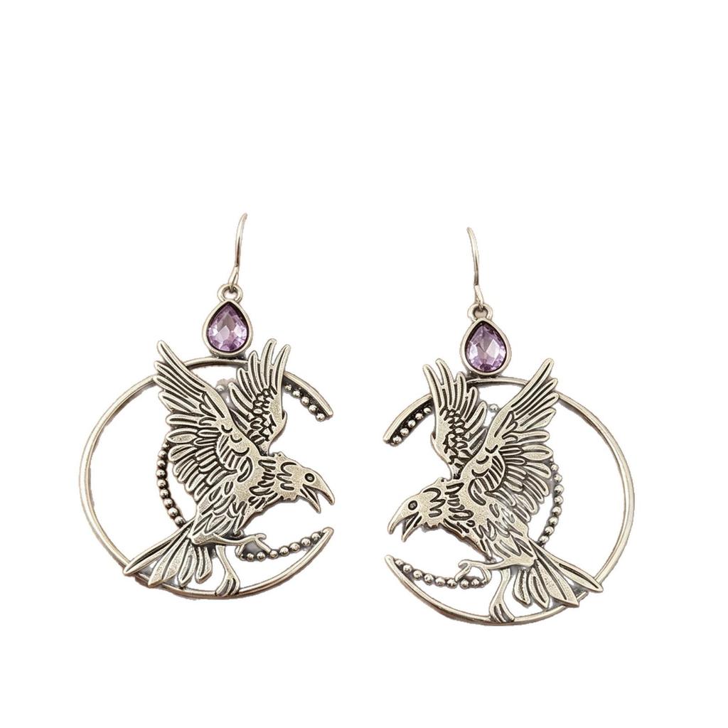Retro Distressed Silver Raven Crescent Moon Gothic Earrings
