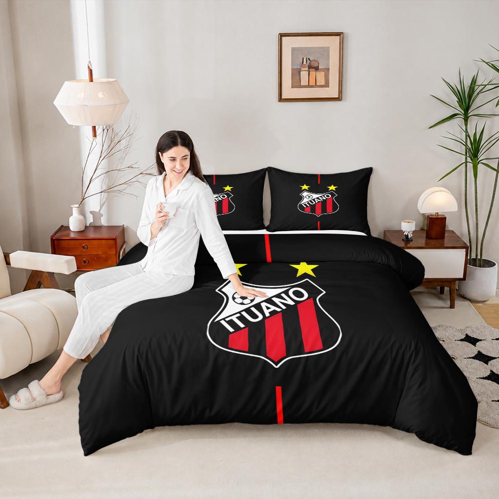Ituano FC Crest 3 Piece Bedding Set, Red White Stripes Stars Soccer Emblem Duvet Cover Set for Brazilian Football Fans
