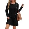 Women's Ribbed Knit Long Sleeve Dress with Side Buttons and Pockets Casual Fall Mini Dress