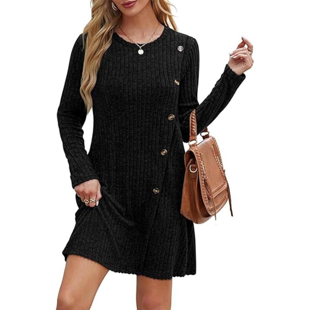 Women's Ribbed Knit Long Sleeve Dress with Side Buttons and Pockets Casual Fall Mini Dress