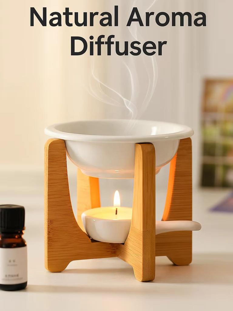 Natural Bamboo Ceramic Essential Oil Diffuser Candle Warmer Aromatherapy Burner | Modern Tealight Fragrance Lamp Home Deco