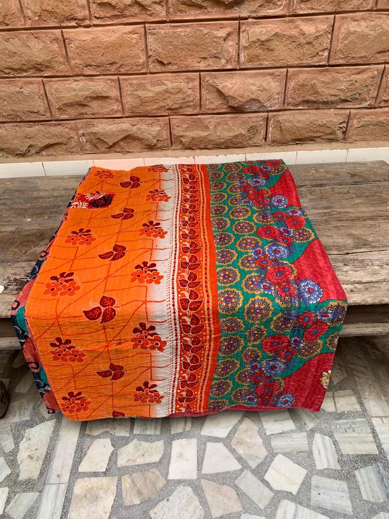 Hand Stitched Kantha Quilt: Recycled Sari Blanket, Bohemian Throw