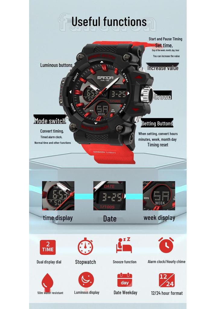 Sanda Dual Display Waterproof Sports Watch: Trendy & Unique Design