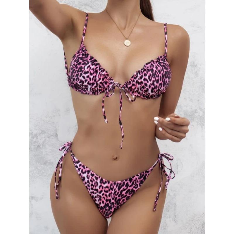 Leopard Print Tie Side Bikini Set Ruched Two Piece Swimsuit Sexy Beachwear