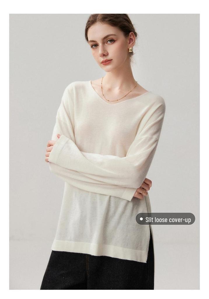 Women's V-Neck Loose Cashmere-Feel Side Slit Cardigan Sweater