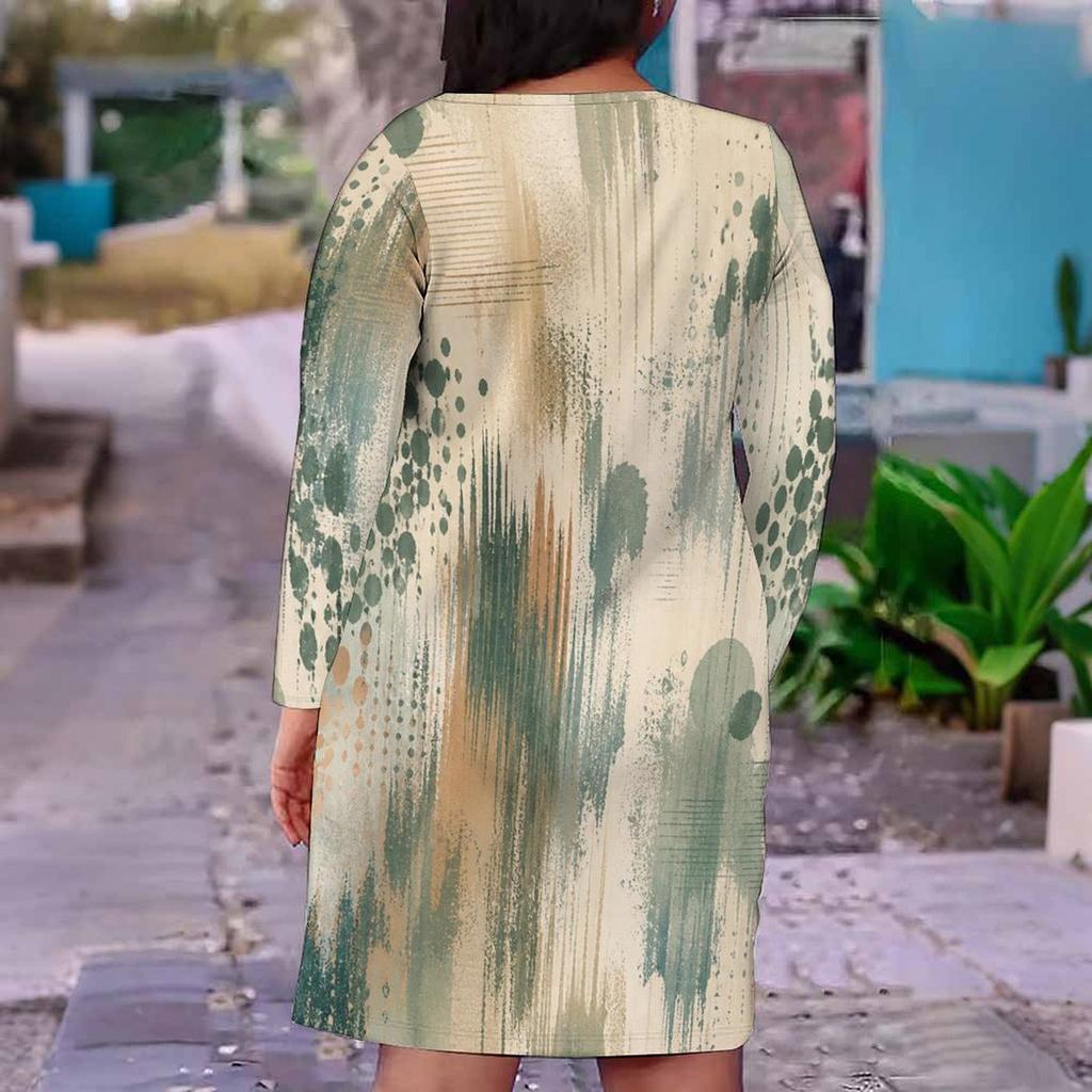 Women Plus Size V Neck Long Sleeve Geometric Printed Fitted Knee Length Dress
