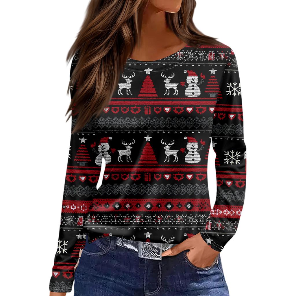 Women's Fashion Hem Slit Casual Christmas Printed Round Neck Long Sleeve Top