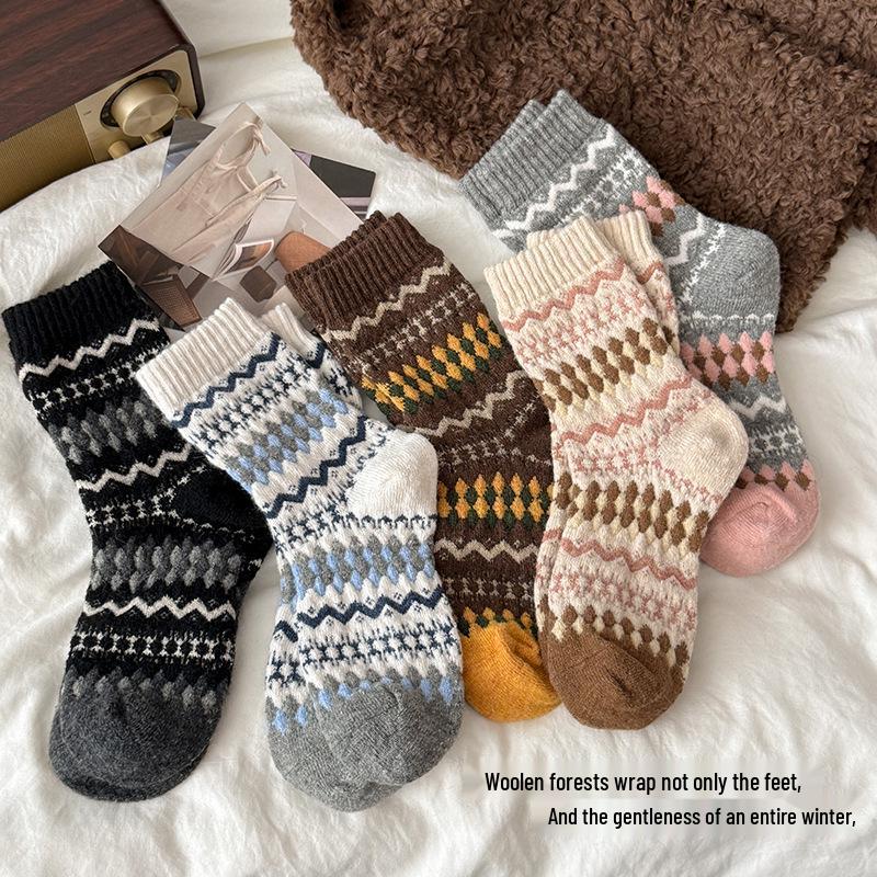 Damen Vintage Fair Isle Wollsocken, Verdickt Warm Wadenlang, Herbst Winter, Kaffeefarben, Kniehoch.
