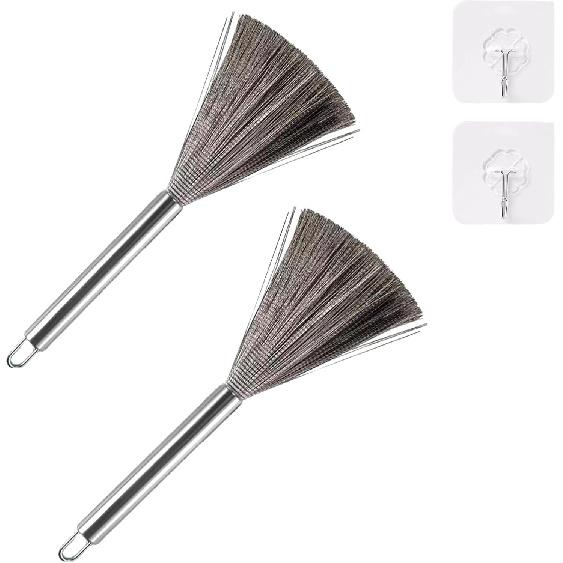 2Pcs Pots and Pans Clening Brush, Stainless Steel Scrubber Brush for Cookware Long-Handled Sink Cleaner Brush-2Hooks
