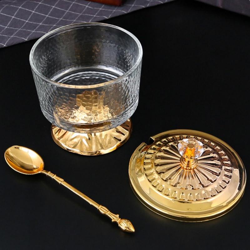 Seasoning Jar,Golden Alloy With lid Glass Tall Feet Salt Container,Coffee Beans Storage Jar,Kitchen Desktop Decoration Tools