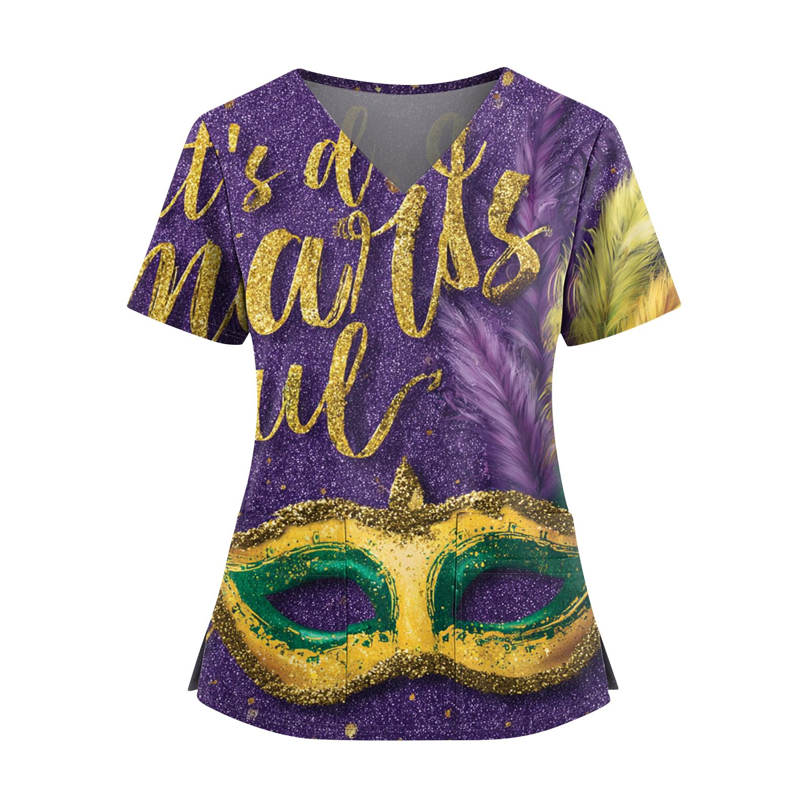 

Women s Caregiver Printed V-Neck Double Pocket Short Sleeves Hem Slit Uniform Caregiver Top S