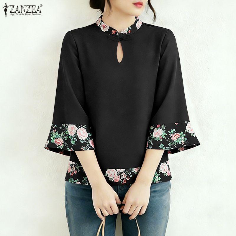 ZANZEA Women Casual Stand Collar Summer Floral Splice 3/4 Sleeve Blouse