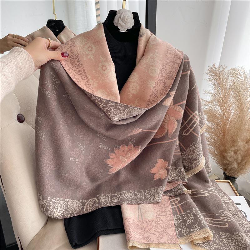 Scarf women's autumn and winter flower porcelain pattern warm thickened double-sided imitation cashmere air conditioner shawl mother scarf