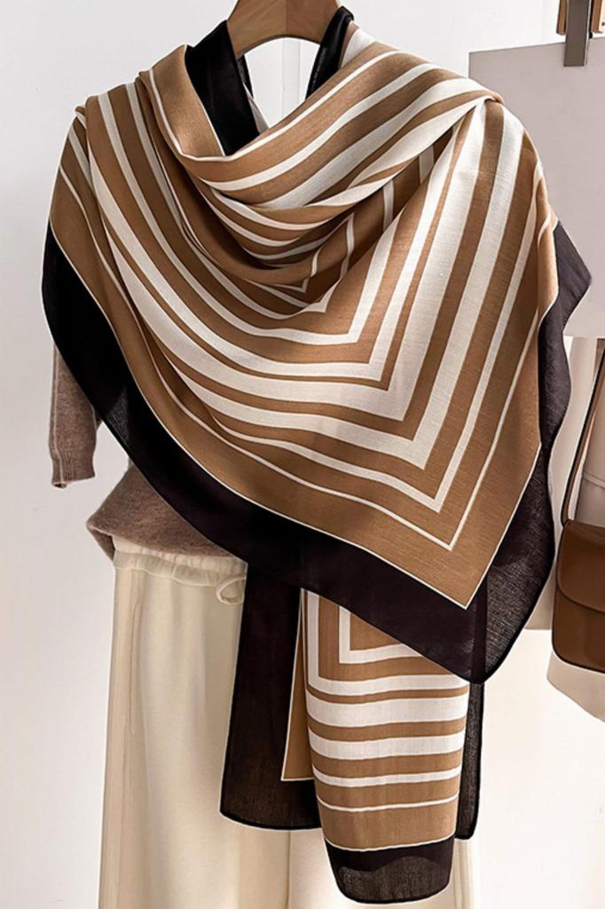 Beige-Brown Geometric Striped Scarf - 100% Viscose, 178X66