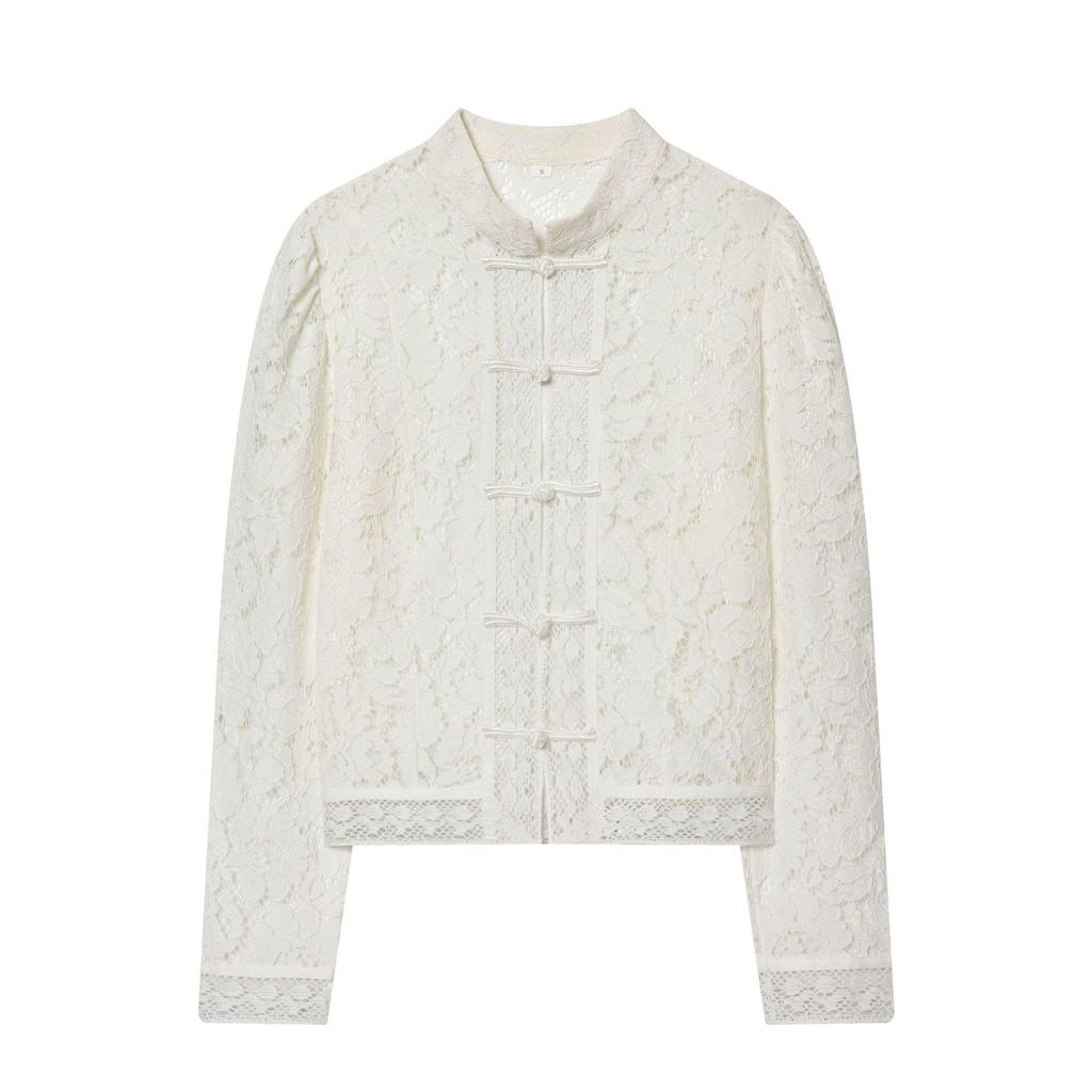 Elegant French Design Women's Lace Crochet Blouse with Stand Collar and Frog Button Detailing