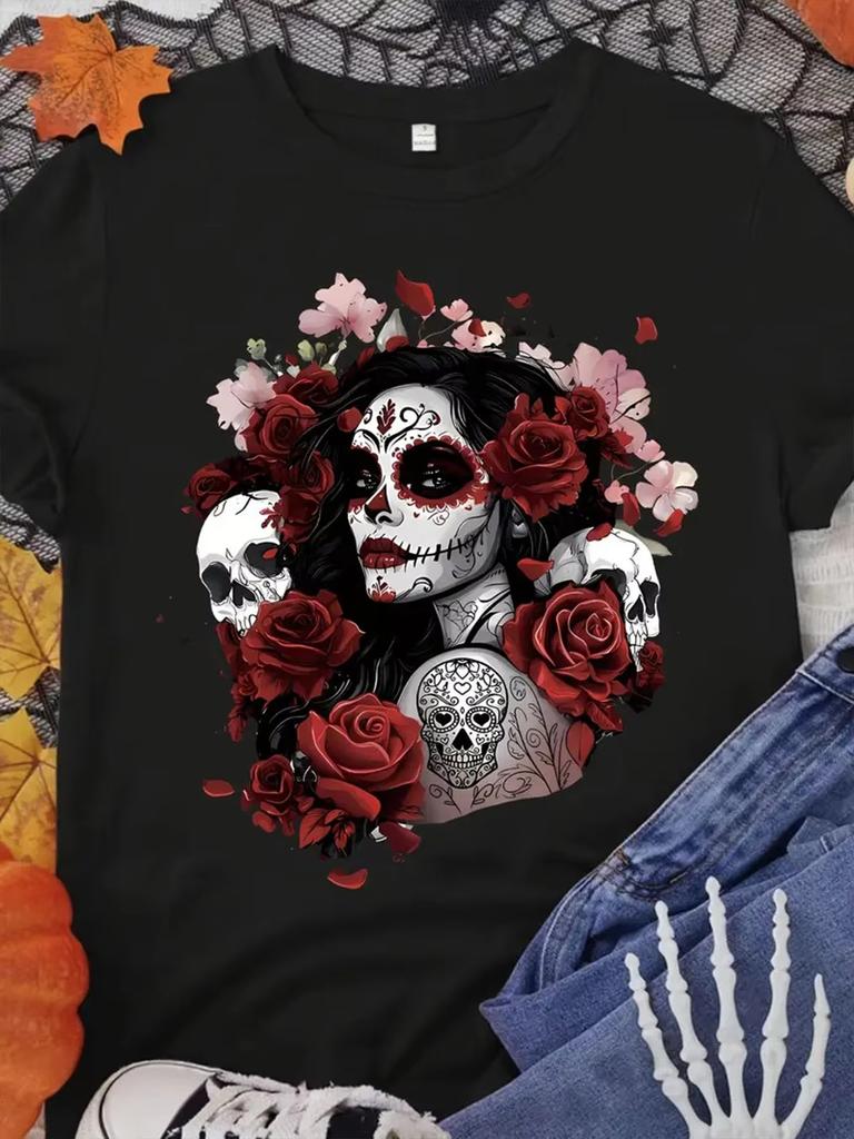 20026 Summer A Trendy Women ShortSleeve TShirt Featuring A Rose Skull and Beautiful Lady Design Perfect for Summer Fashion