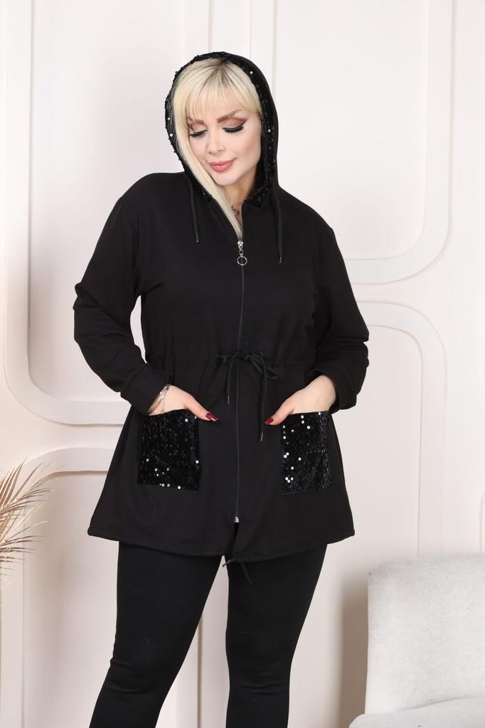 Damen-Sweatshirt in großen Größen, zweifädig, mit Kapuze, Reißverschluss und Pailletten