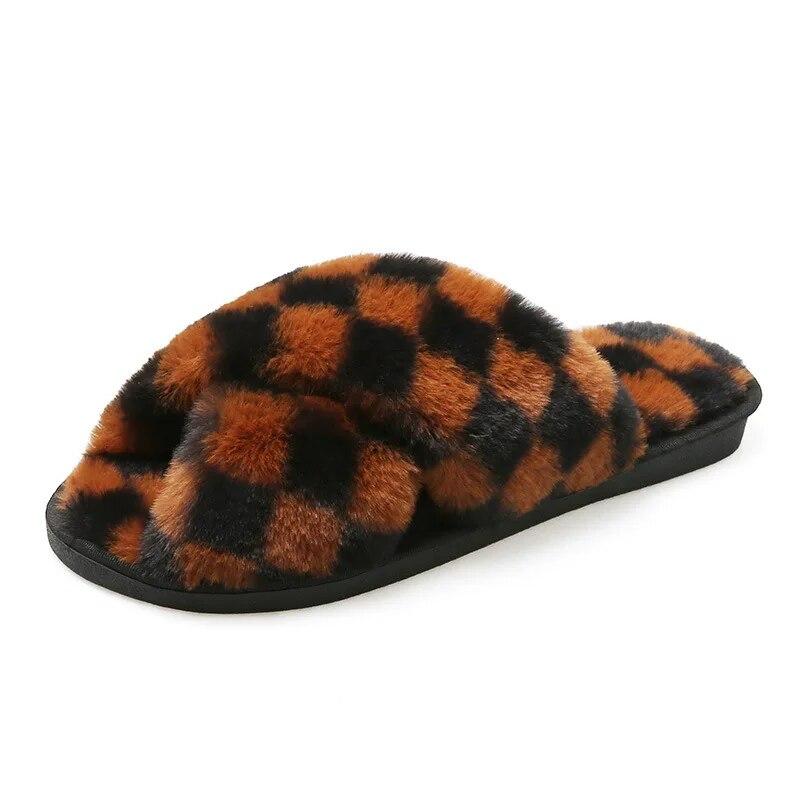 Autumn Winter Women'S Outer Wear Flat-Bottom Sandals Indoor Warm Fluffy Slippers Plaid Comfortable Cross Bunny Fur Slippers