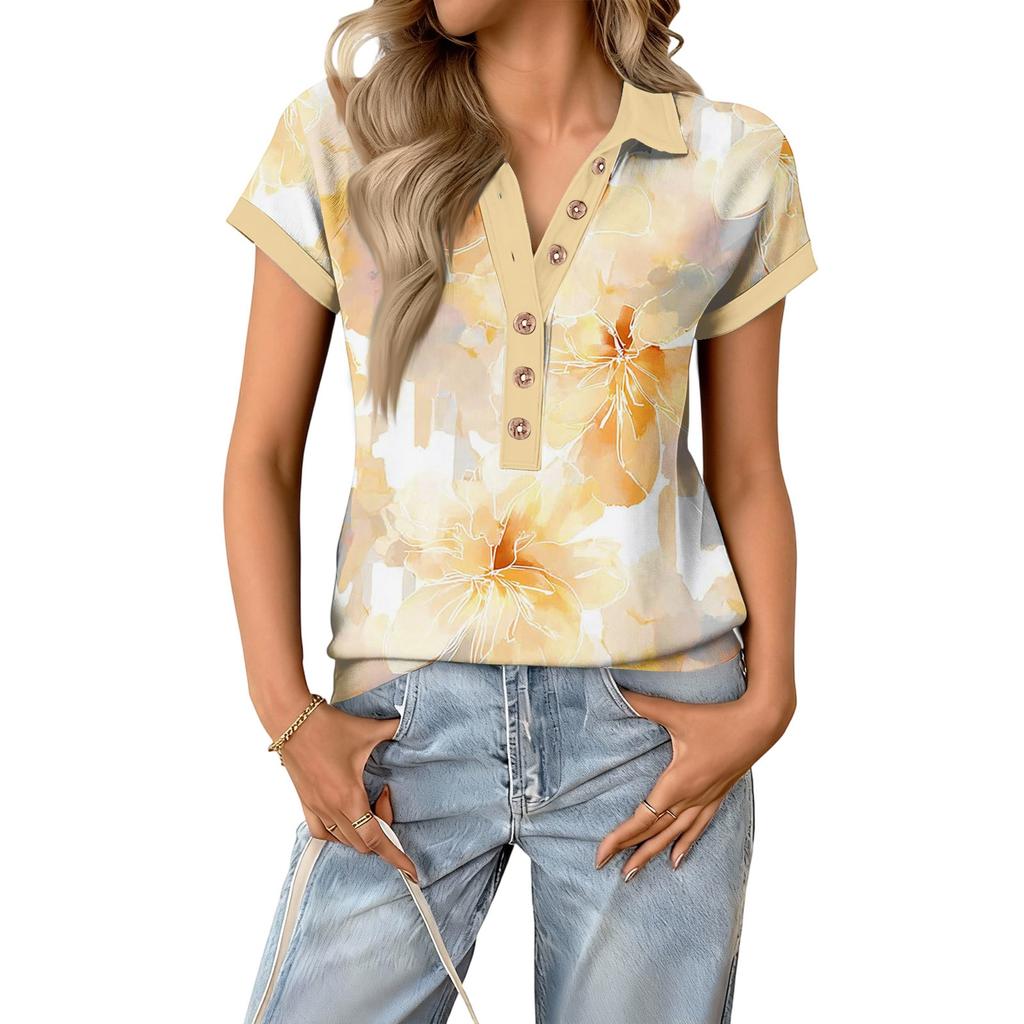 Modna i casualowa damska letnia bluzka z dekoltem V, patchworkowa, z krótkim rękawem i kwiatowym wzorem