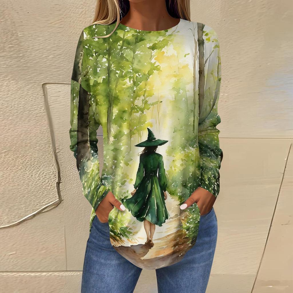 Women's Loose Fit Round Neck Long Sleeve Halloween Printed T-Shirt Vintage Irregular Hem Pullover