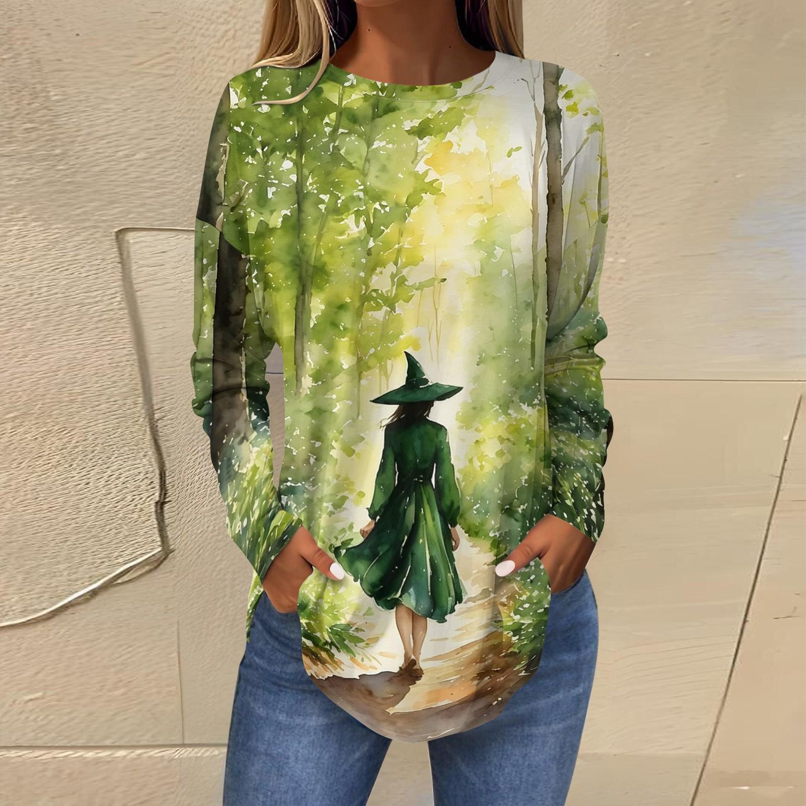 Women s Loose Fit Round Neck Long Sleeve Halloween Printed T-Shirt Vintage Irregular Hem Pullover S
