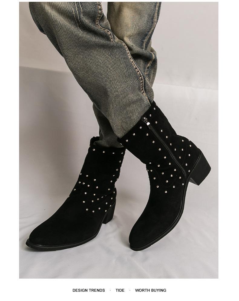 Men's Large Suede Leather Rivet Pointed Toe Ankle Boots - Medium Heel Fashion Knight Boots
