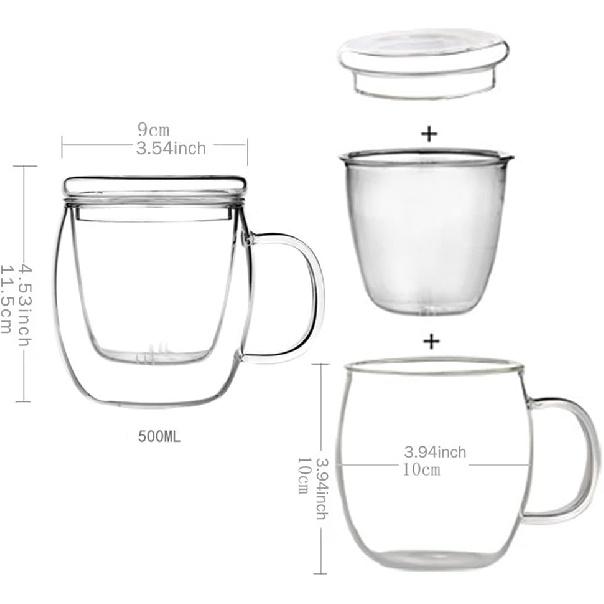 Glass Tea Cup with Infuser and Lid,500ml (17oz) Borosilicate Glass Tea Mugs for Loose Leaf Tea,Glass Tea Cups with Filter for Black Tea,Great Loose