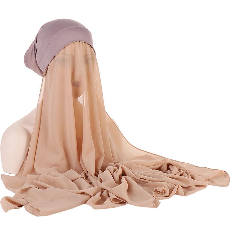 1Pc Muslim Shawl Scarf Chiffon Hijab Breathable Turban Head Wrap Women Solid Color Polyester With Inner Cap