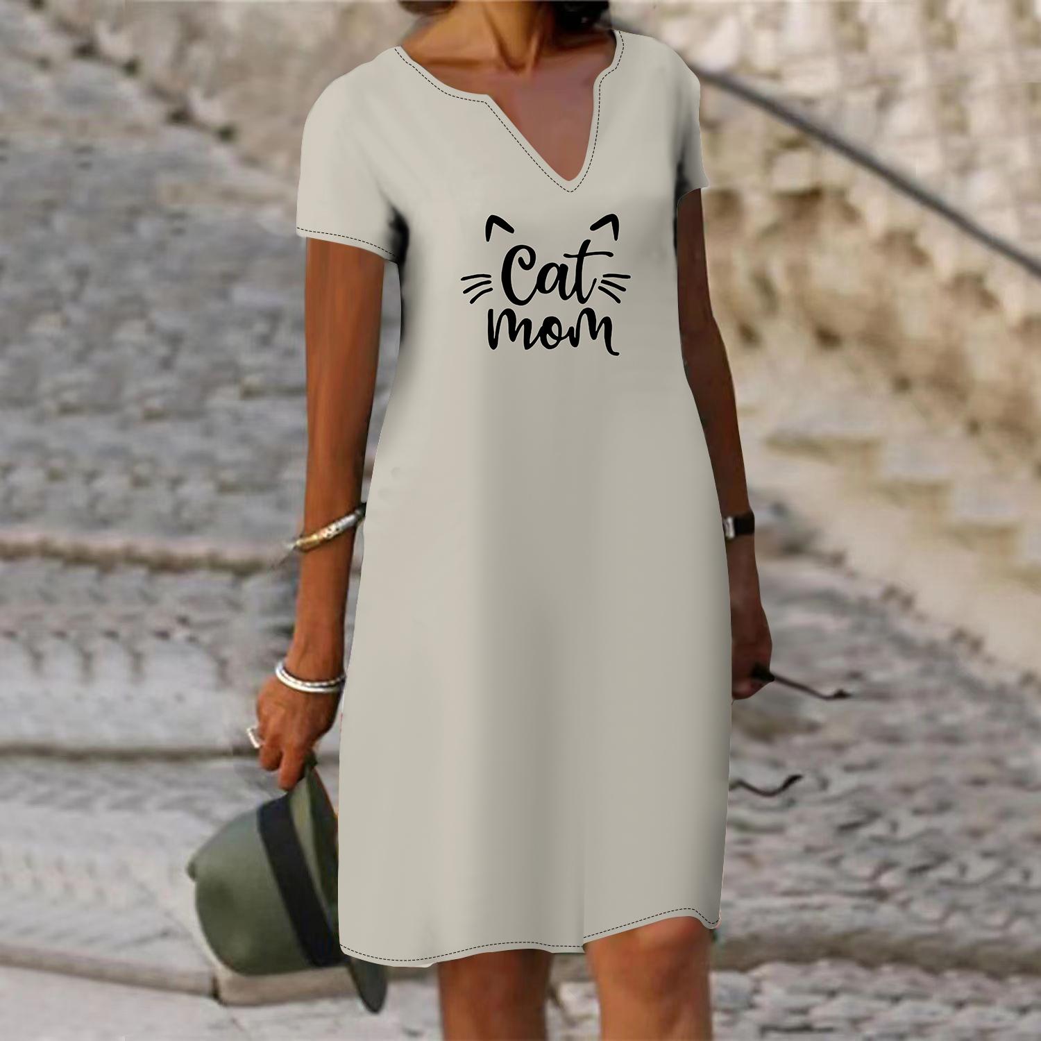 

Летнее модное платье с v-образным вырезом, женское платье с коротким рукавом, черное платье с кошачьим принтом, свободное повседневное платье для женщин 2XL