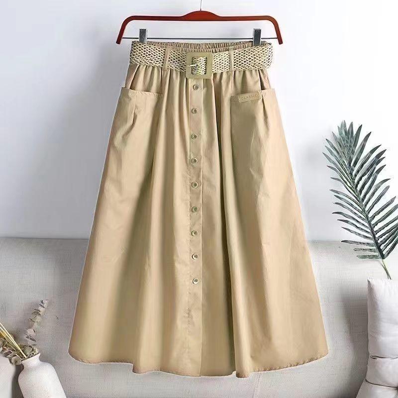 Cotton Midi Skirt With Belt Women Single -Breasted Large Pockets High Waist A -Line Skirt Autumn Summer Korean Fashion Long Skirt
