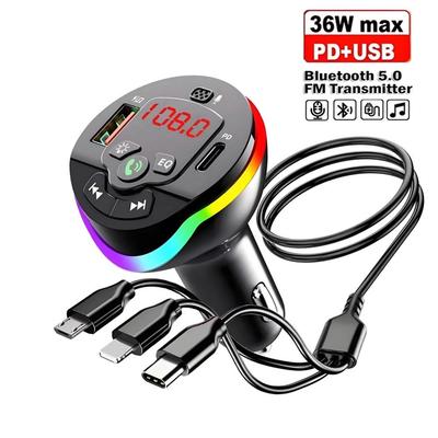 Πομπός αυτοκινήτου Bluetooth 5.0 FM PD USB Φορτιστής αυτοκινήτου MP3 Διαμορφωτής Συσκευής Handsfree Δέκτης ήχου με καλώδιο φόρτισης 3 σε 1 για iPhone Huawei Xiaomi