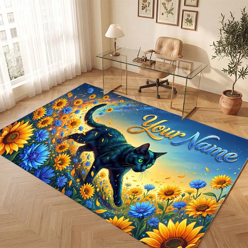 Cat Theme Crystal Velvet Floor Rug Personalized Custom Name Text Warm Carpet Home Decoration