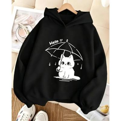 Herbst Winter Langarm Cartoon Niedliche Katze Aufdruck Hoodie Modisch Bequem Warm Pullover Sportlich Lässig Kinder Hoodie