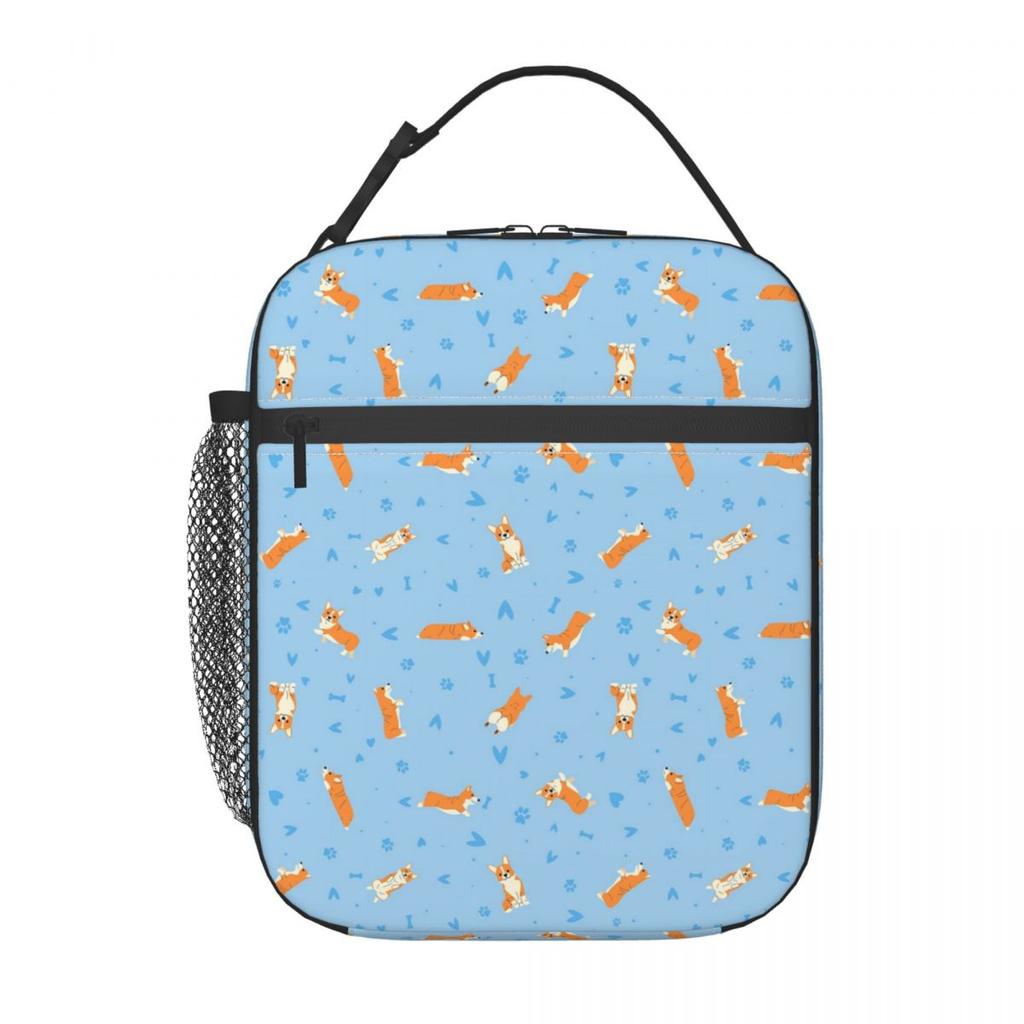 Blue Background Cute Cartoon Corgi Insulated Lunch Bag for Women Children Leakproof Food Boxes Thermal Lunch Box Tote