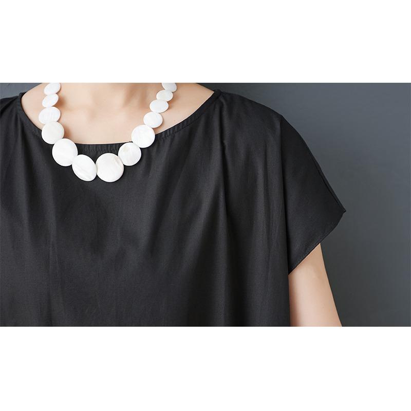 Dimanaf Plus Size Loose Dress Women 2025 Pleated New Summer Style Shirt O-Neck Black Dress