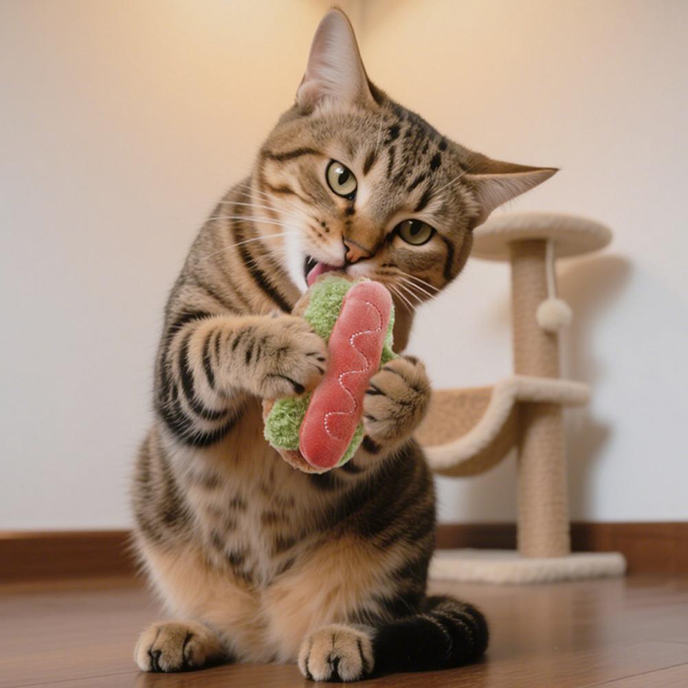 Bite-resistant Cat Toy Plush Cat Toy Realistic Plush Food Cat Toy Set Burger Hotdog Cake Chew Toys for Indoor Cats Squeaky Bone