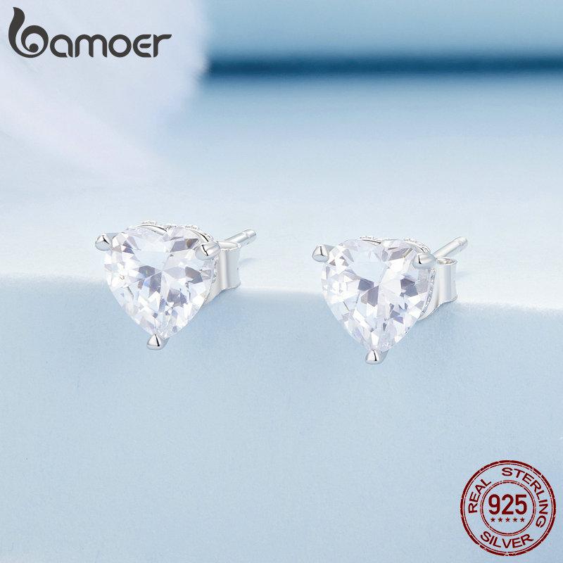 

BAMOER стерлингового серебра 925 пробы сверкающее сердце циркон серьги простые маленькие серьги любви для женщин ювелирные изделия 925 silver