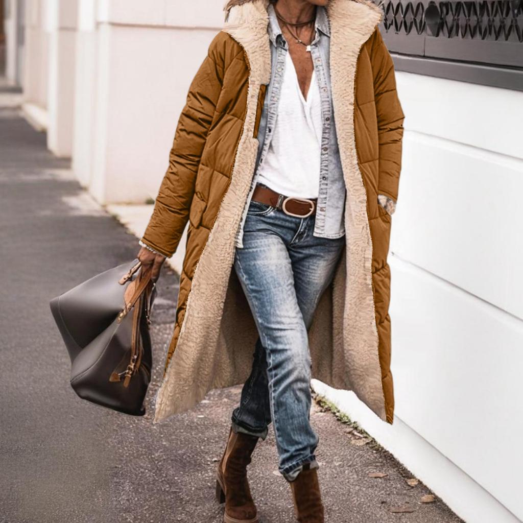 Women's Fashion Casual Warm Solid Color Hooded Cotton Jacket Long Sleeve Double-sided Slim Fit Temperament Cardigan Top Jacket