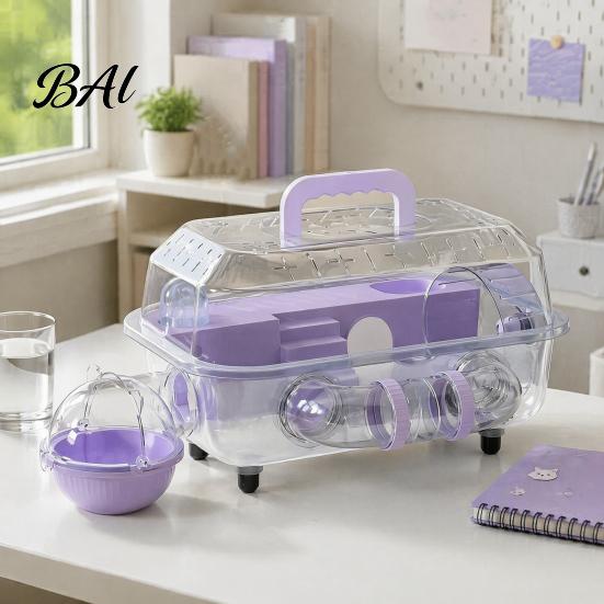 Pet Cage with Stairs Hamster Tunnel, Transparent House Running Wheel Golden And Water Dispenser, 2-Tier Habitat Playpen for Small Pets Breathable