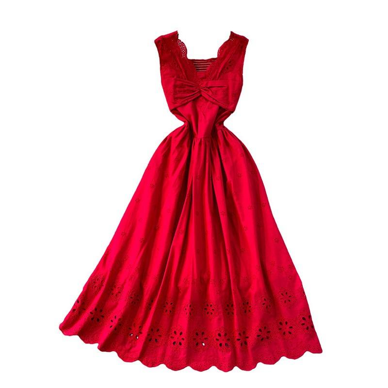 Elegant wind sweet crochet hollow V-neck sleeveless dress women's summer high sense waist thin pleated dress