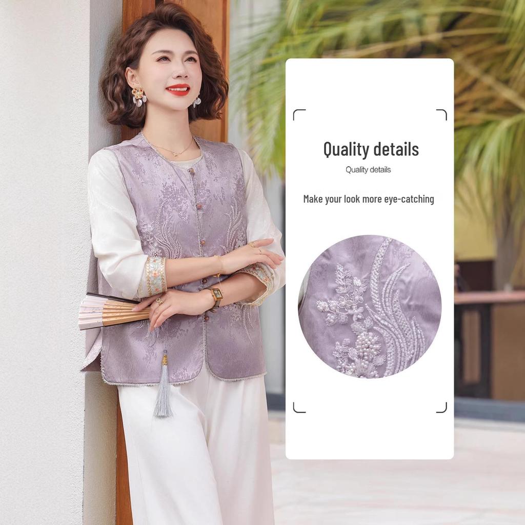 Elegant & Dignified Chinese Style Mother's Suit: 2026 Spring/Autumn Two-Piece Vest & Top Set for Mature Women