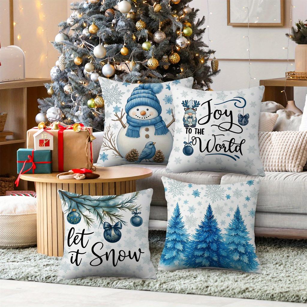 Let It Snow! Blue Hats, Scarves, Snowmen, Pine Cones, Snowflakes, Pine Trees, Decorative Balls, Christmas Pillow Covers, a Set of Four, Suitable for B