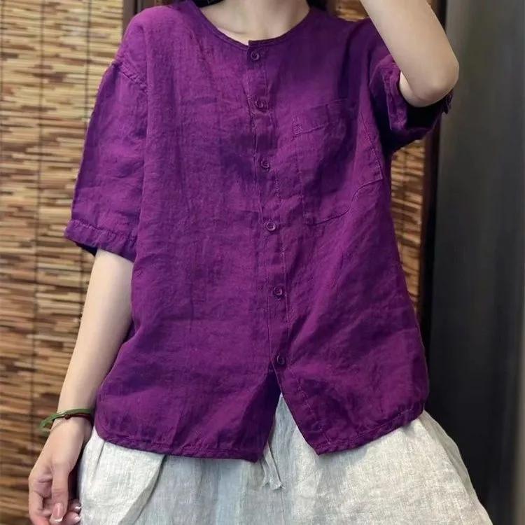 Chiffon Baumwolle Leinen Rundhals T-Shirt Damen Sommer Vintage Kunst Locker Hemd Offener Cardigan Kurzes Hemd für Damen